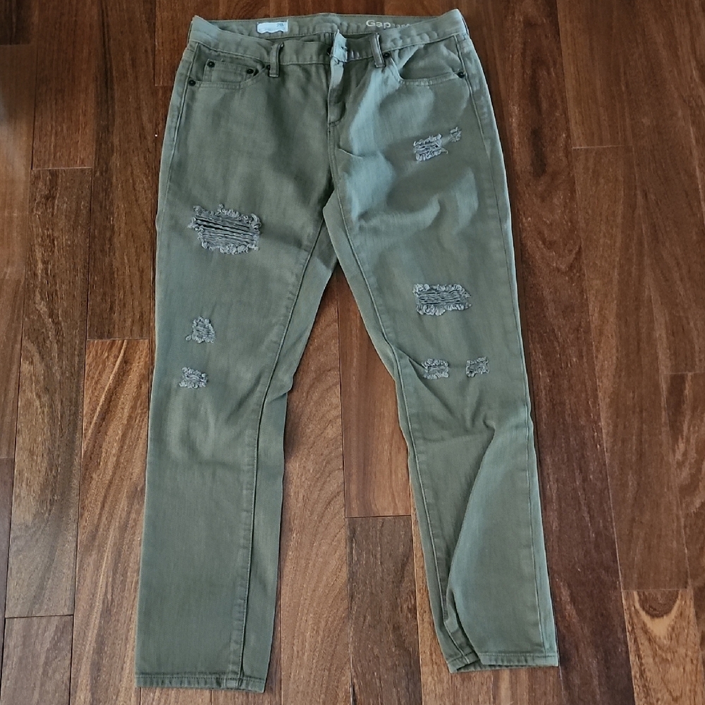 Distressed Womens GAP 1969 Girlfriend Army Green / Olive Color Jeans Size 28R